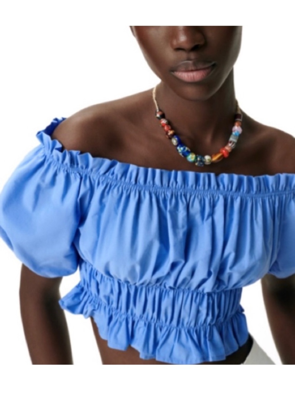 Zara Blue Off-Shoulder Puff Sleeve Crop Top